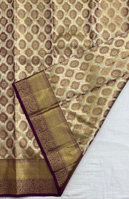Kanchipuram Tissue Bridal Silk Saree - Gold with Wine Border