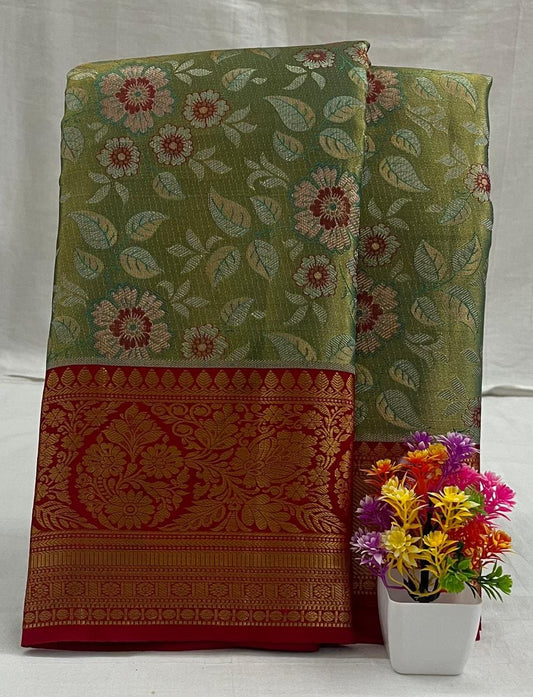 Kanchipuram Bridal Tissue Silk Saree - Leaf Green with Floral Buttas & Red Gold Zari Border