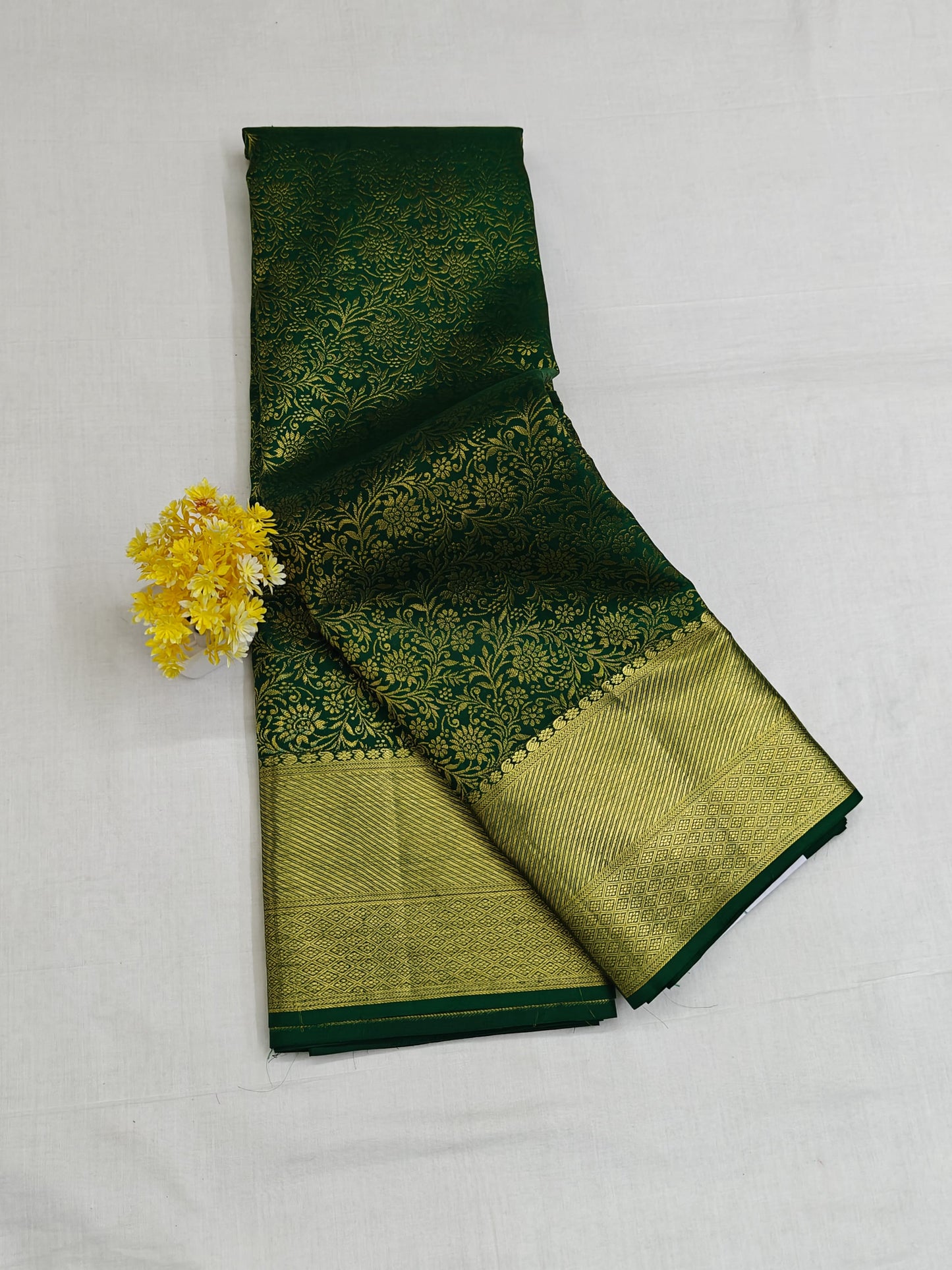 Kanchipuram Silk Saree - Dark Green Self Design with Big Border