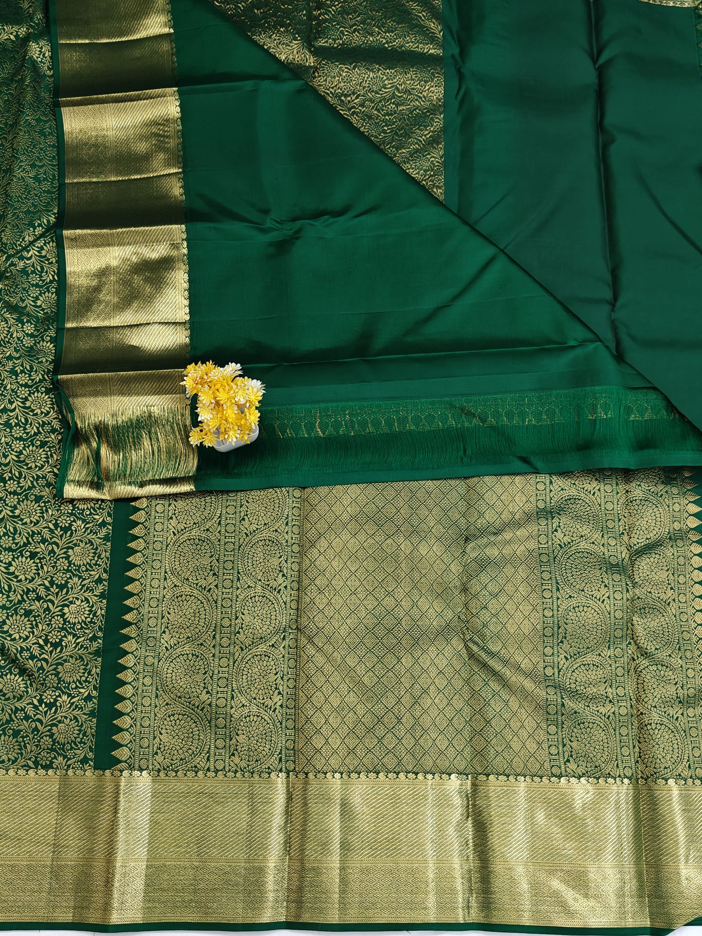 Kanchipuram Silk Saree - Dark Green Self Design with Big Border