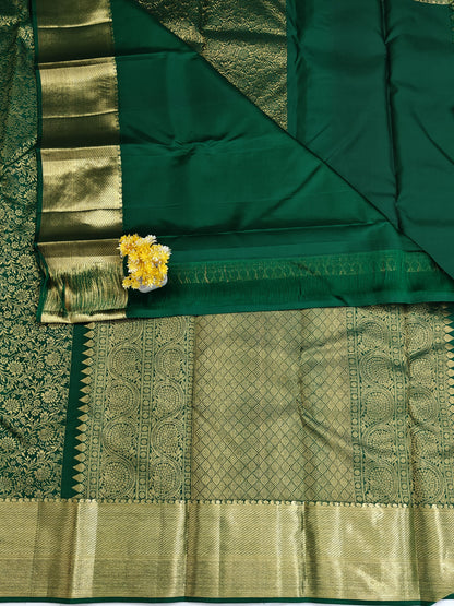 Kanchipuram Silk Saree - Dark Green Self Design with Big Border
