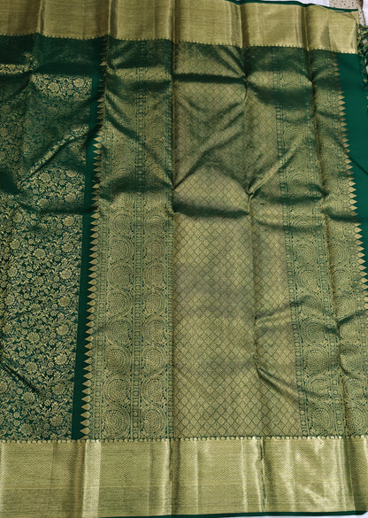 Kanchipuram Silk Saree - Dark Green Self Design with Big Border