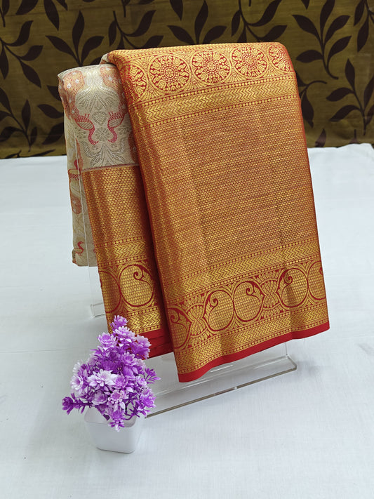 Gold Kanchipuram Pure Silk Bridal Saree with Peacock Motifs & Red Zari Border