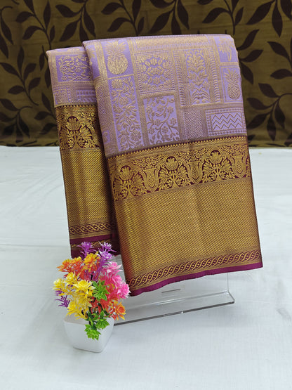 Kanchipuram Pure Bridal Silk Saree - Royal Lavender with Dark Purple Border