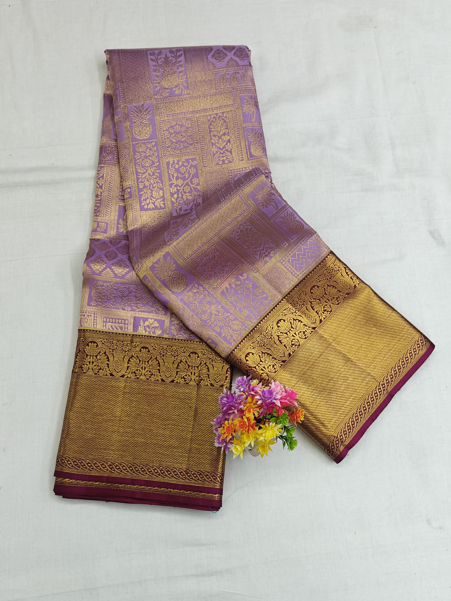 Kanchipuram Pure Bridal Silk Saree - Royal Lavender with Dark Purple Border