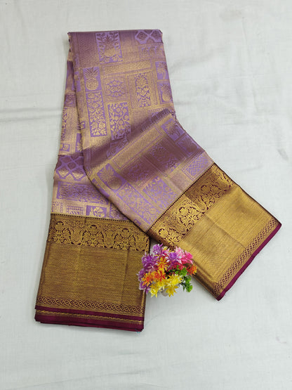 Kanchipuram Pure Bridal Silk Saree - Royal Lavender with Dark Purple Border