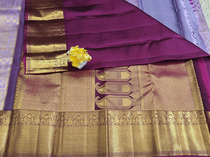 Kanchipuram Pure Bridal Silk Saree - Royal Lavender with Dark Purple Border