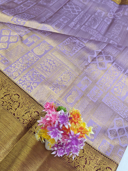 Kanchipuram Pure Bridal Silk Saree - Royal Lavender with Dark Purple Border