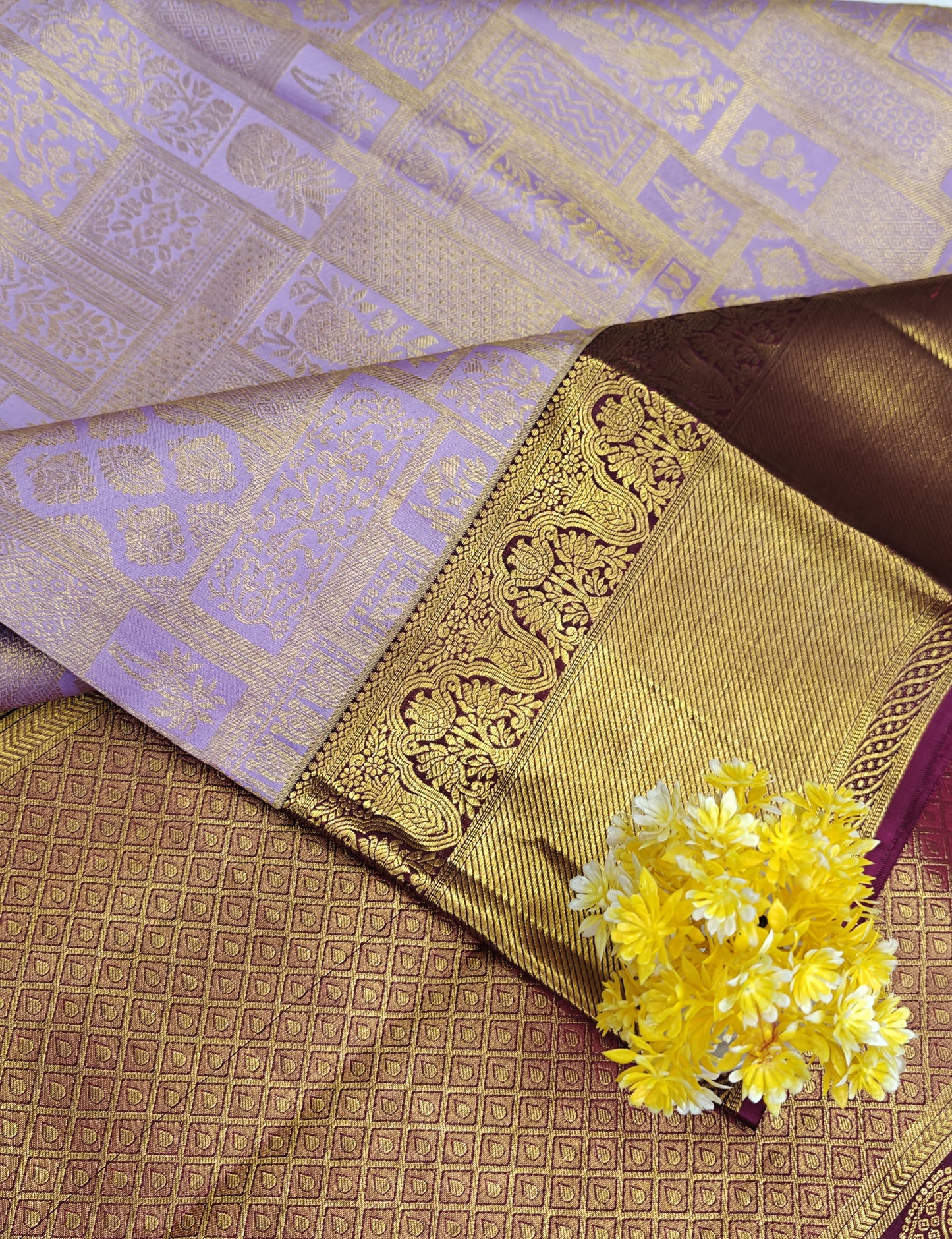 Kanchipuram Pure Bridal Silk Saree - Royal Lavender with Dark Purple Border
