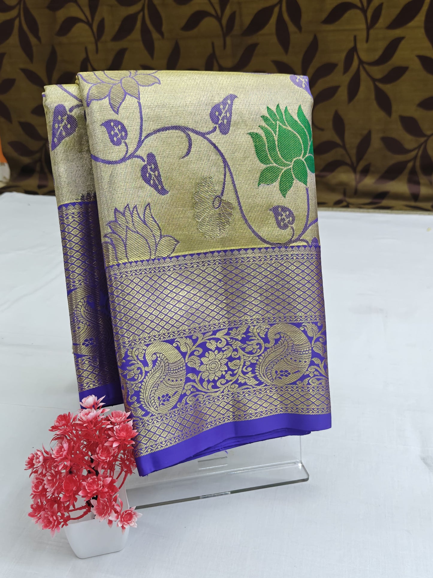Kanchipuram Tissue Bridal Silk Saree - Silver with Royal Purple Border