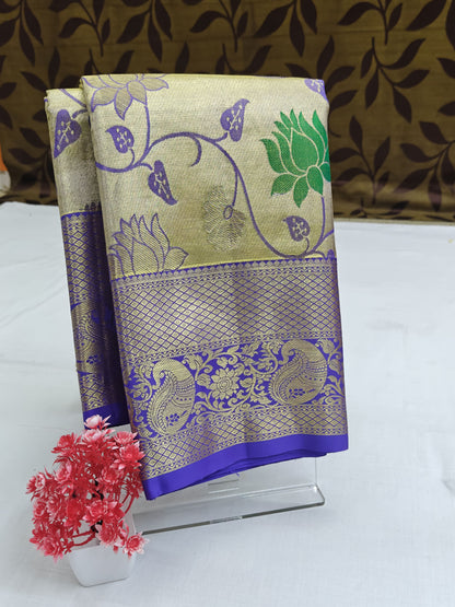 Kanchipuram Tissue Bridal Silk Saree - Silver with Royal Purple Border
