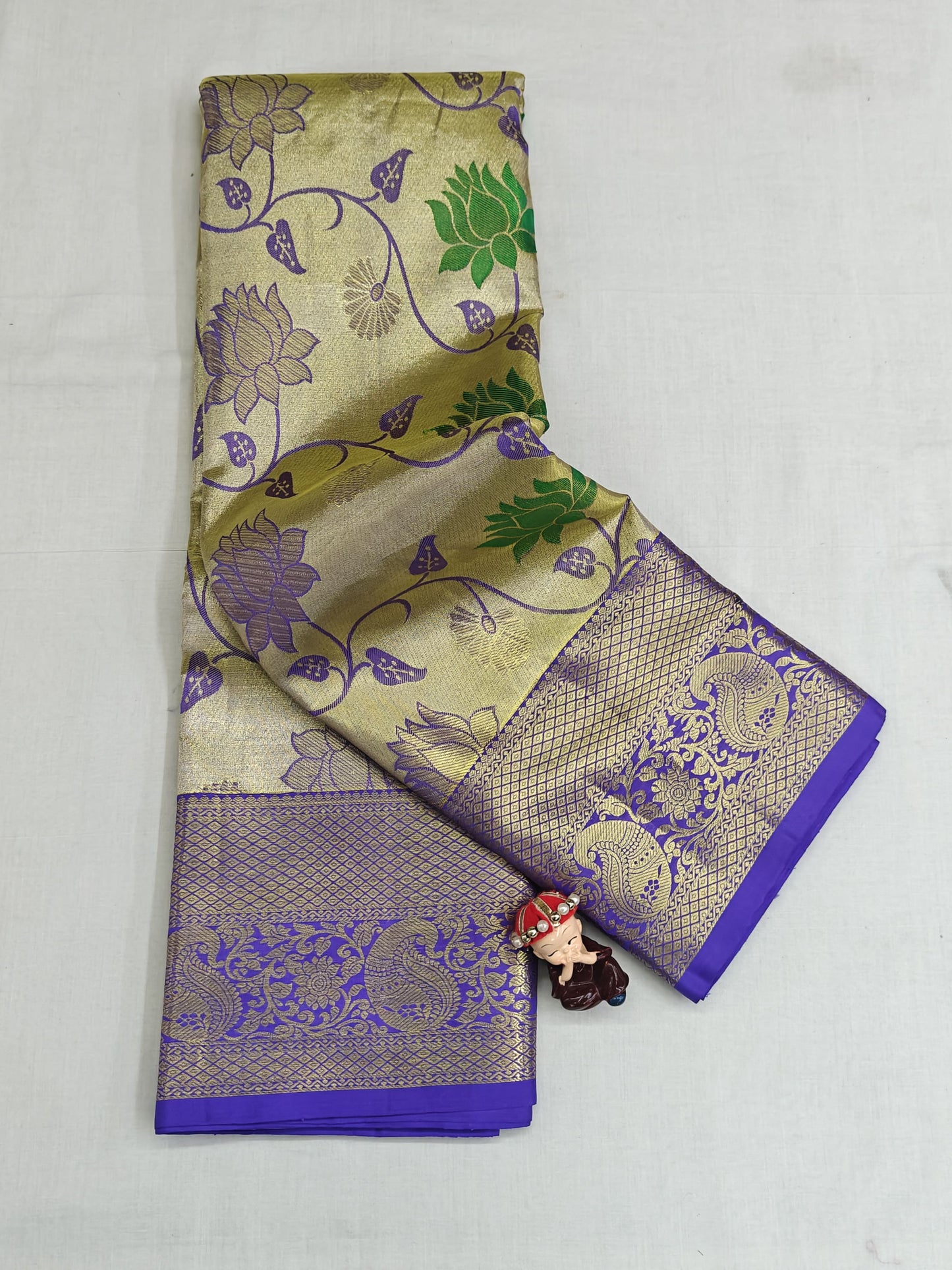 Kanchipuram Tissue Bridal Silk Saree - Silver with Royal Purple Border