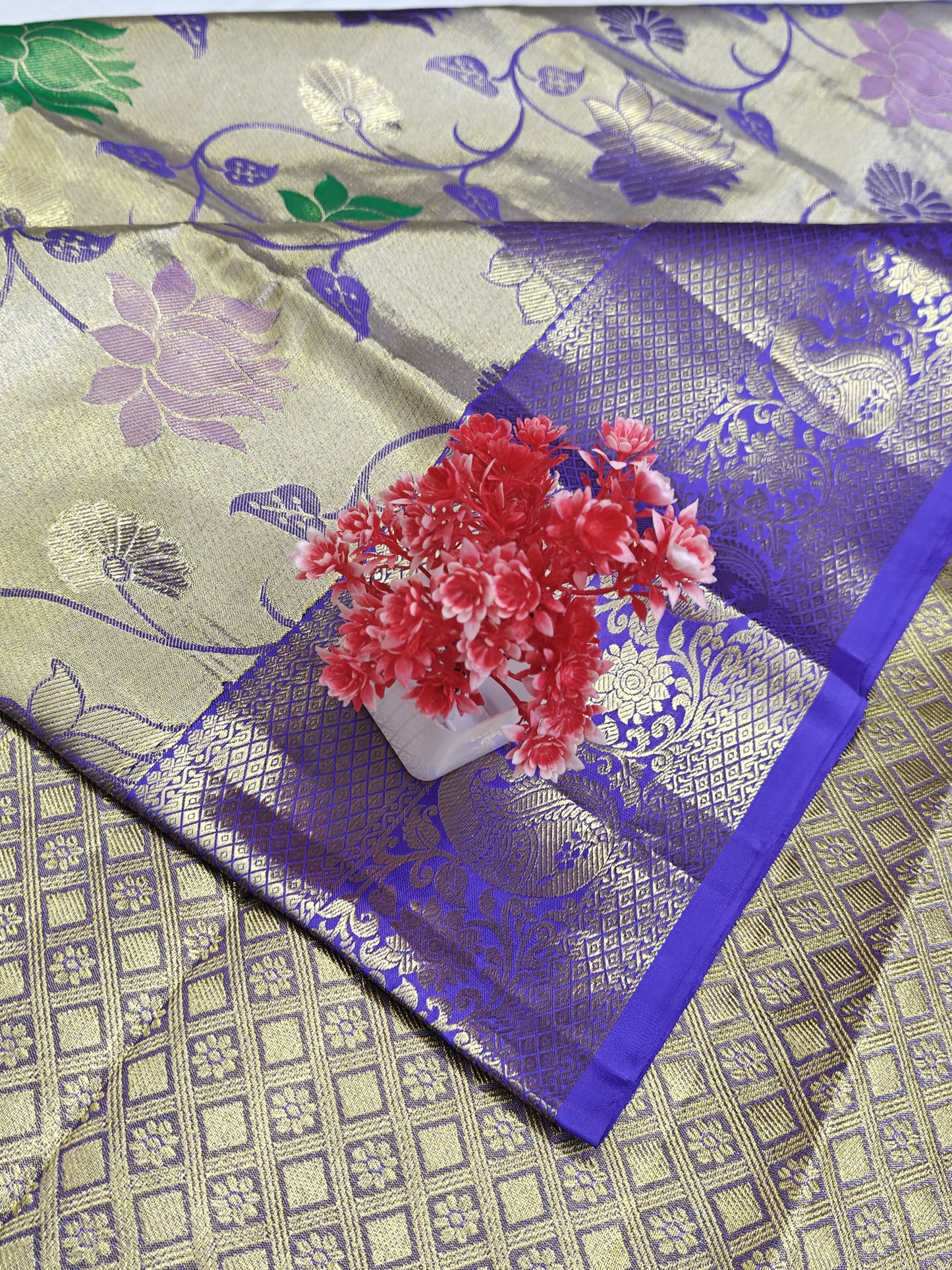 Kanchipuram Tissue Bridal Silk Saree - Silver with Royal Purple Border