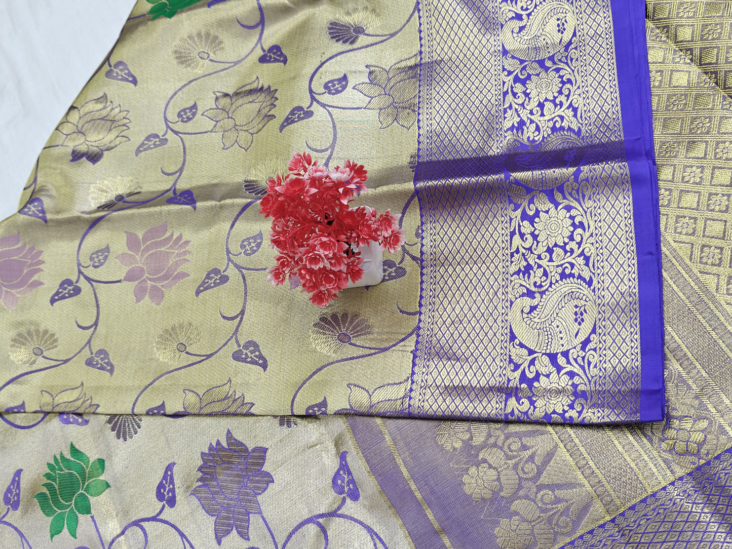 Kanchipuram Tissue Bridal Silk Saree - Silver with Royal Purple Border
