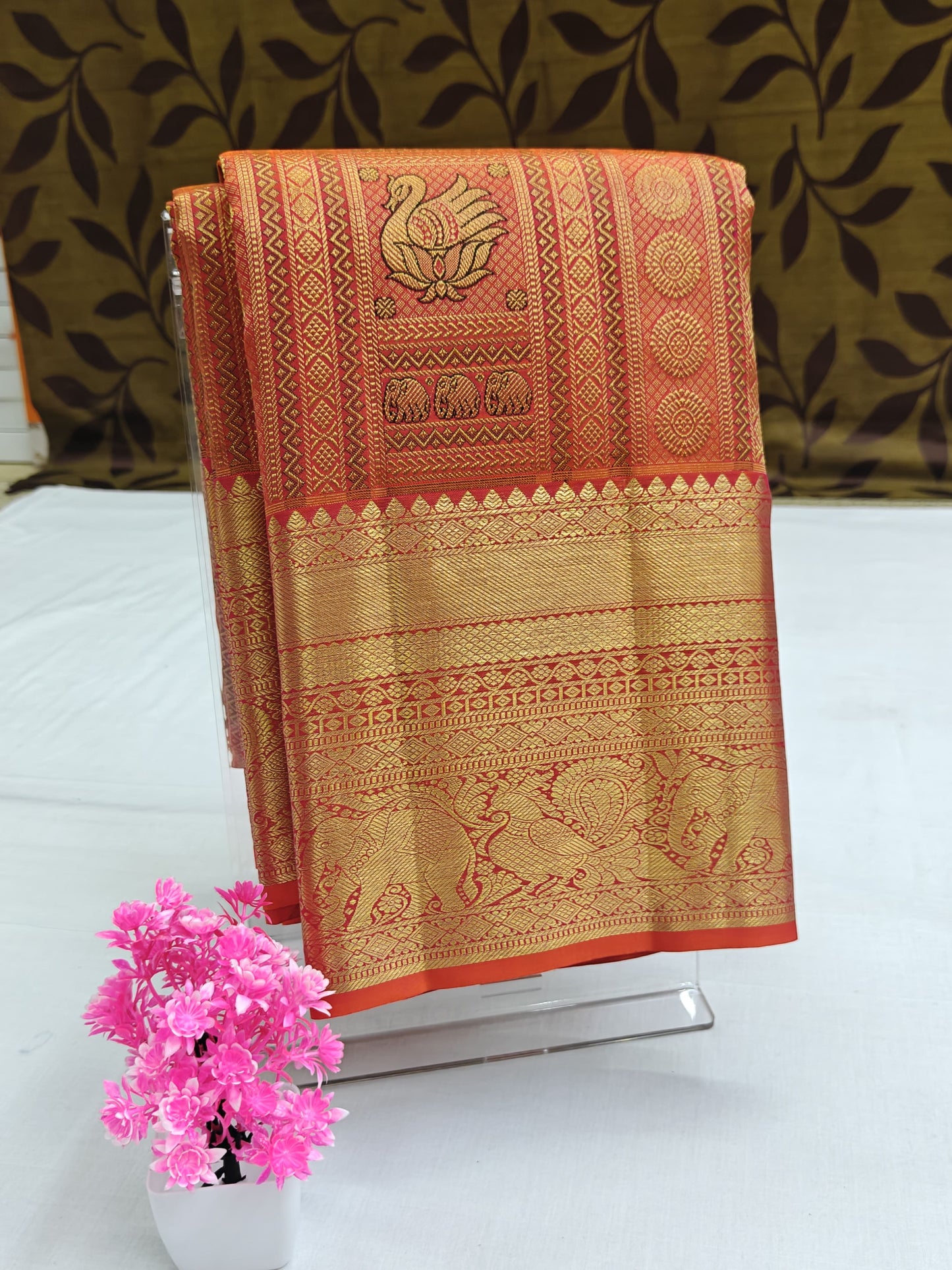 Kanchipuram Pure Bridal Silk Saree - Orange color with Gold Border