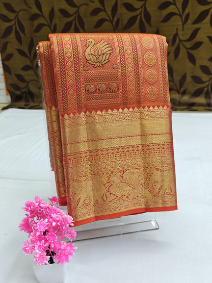 Kanchipuram Pure Bridal Silk Saree - Orange color with Gold Border