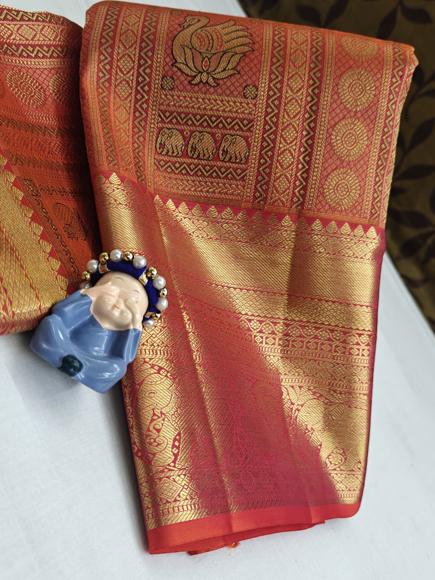 Kanchipuram Pure Bridal Silk Saree - Orange color with Gold Border