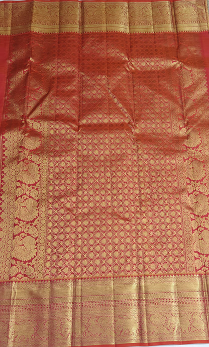 Kanchipuram Pure Bridal Silk Saree - Orange color with Gold Border