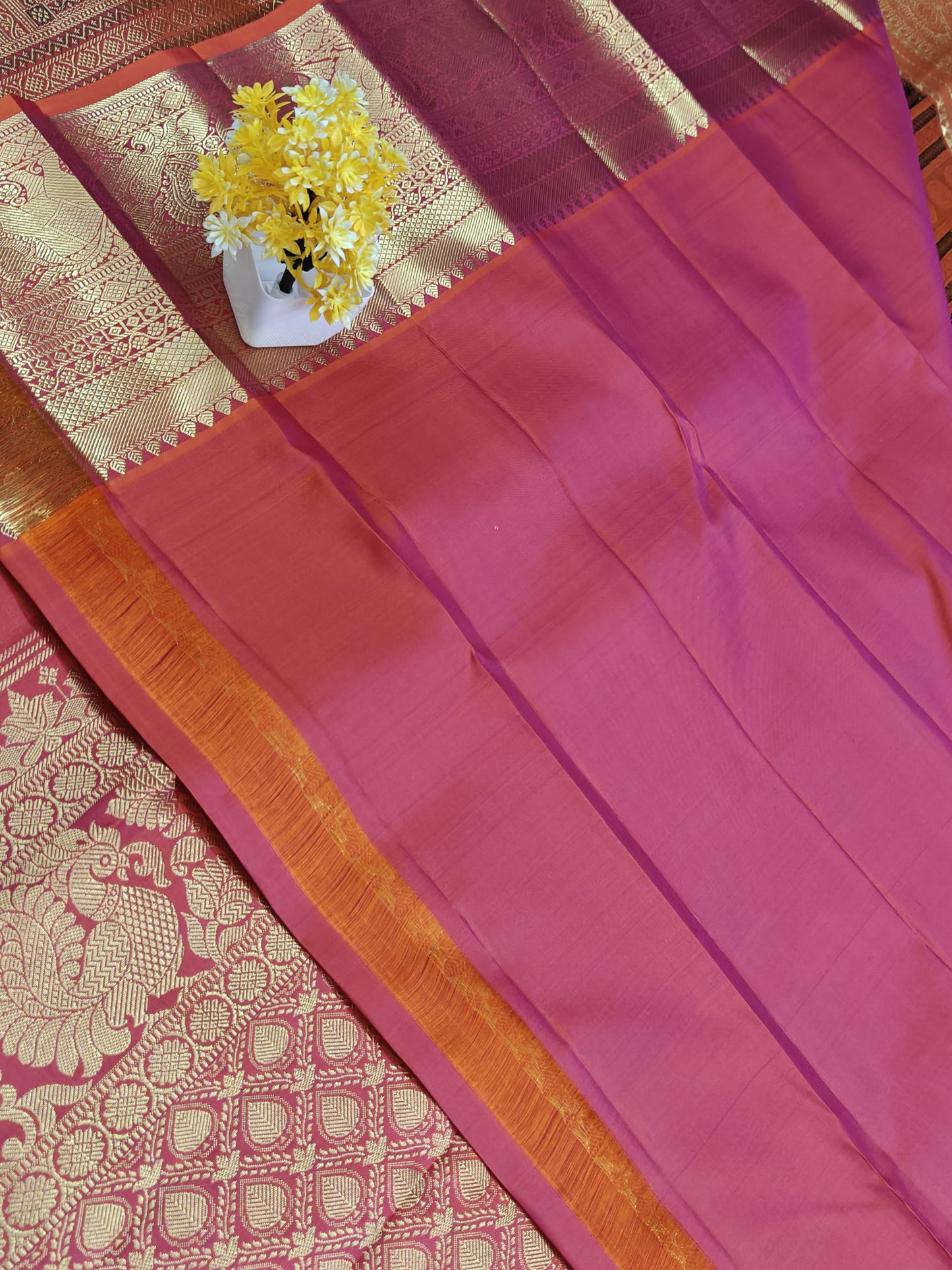 Kanchipuram Pure Bridal Silk Saree - Orange color with Gold Border