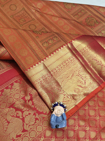 Kanchipuram Pure Bridal Silk Saree - Orange color with Gold Border