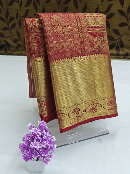 Kanchipuram Pure Bridal Silk Saree - Maroon with Gold Border