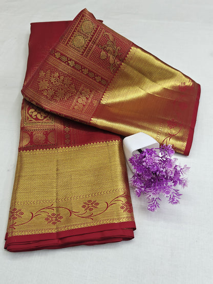 Kanchipuram Pure Bridal Silk Saree - Maroon with Gold Border