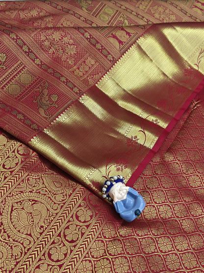 Kanchipuram Pure Bridal Silk Saree - Maroon with Gold Border
