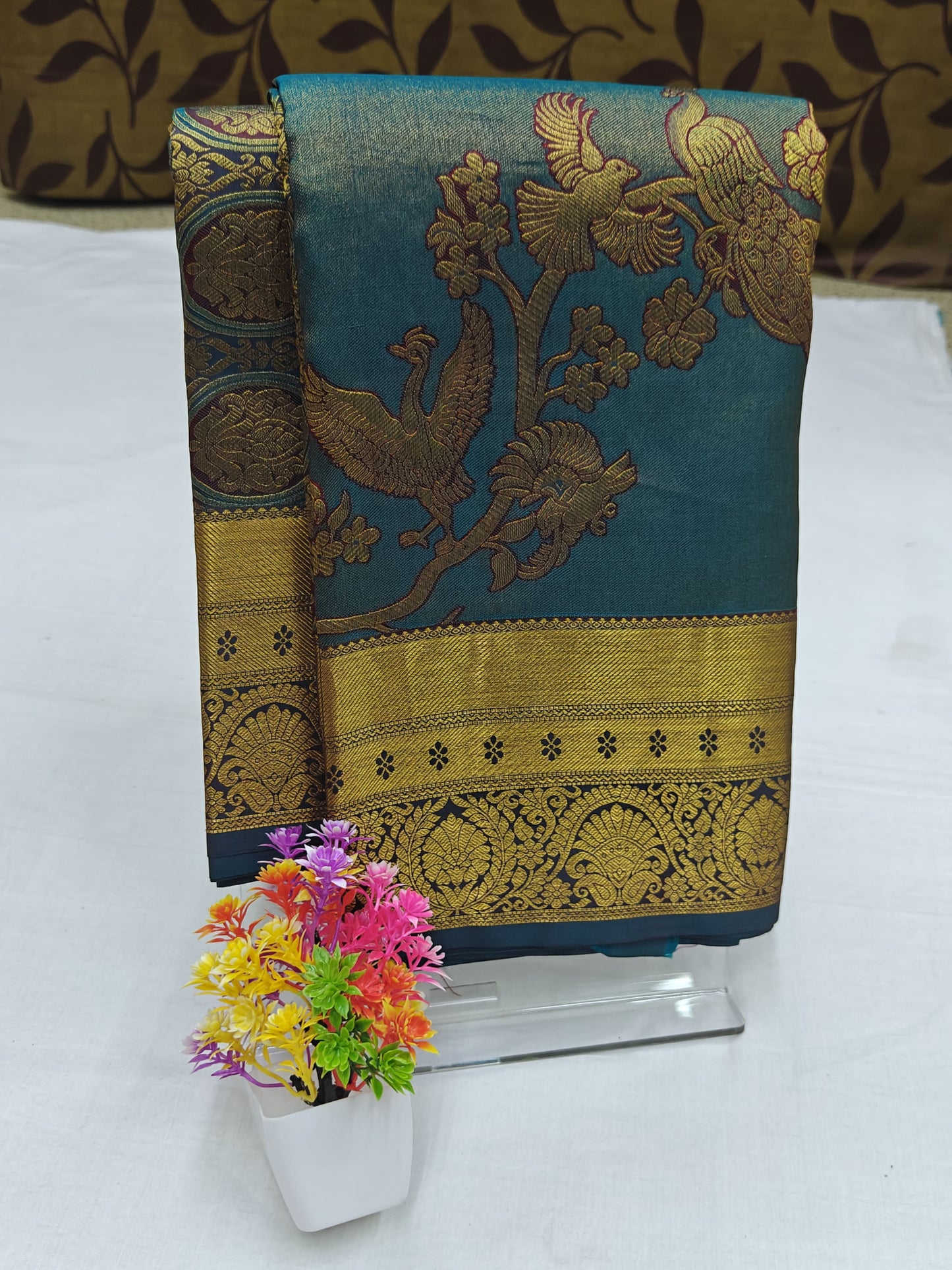 Peacock Blue Bridal Silk Saree with Gold Border