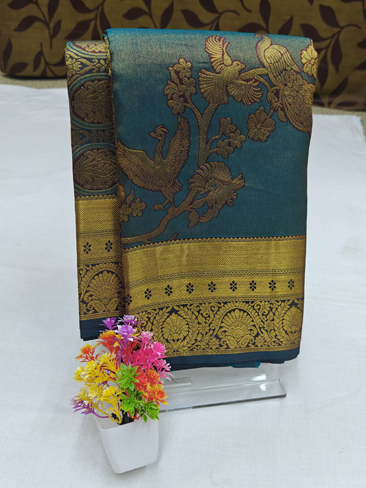 Peacock Blue Bridal Silk Saree with Gold Border