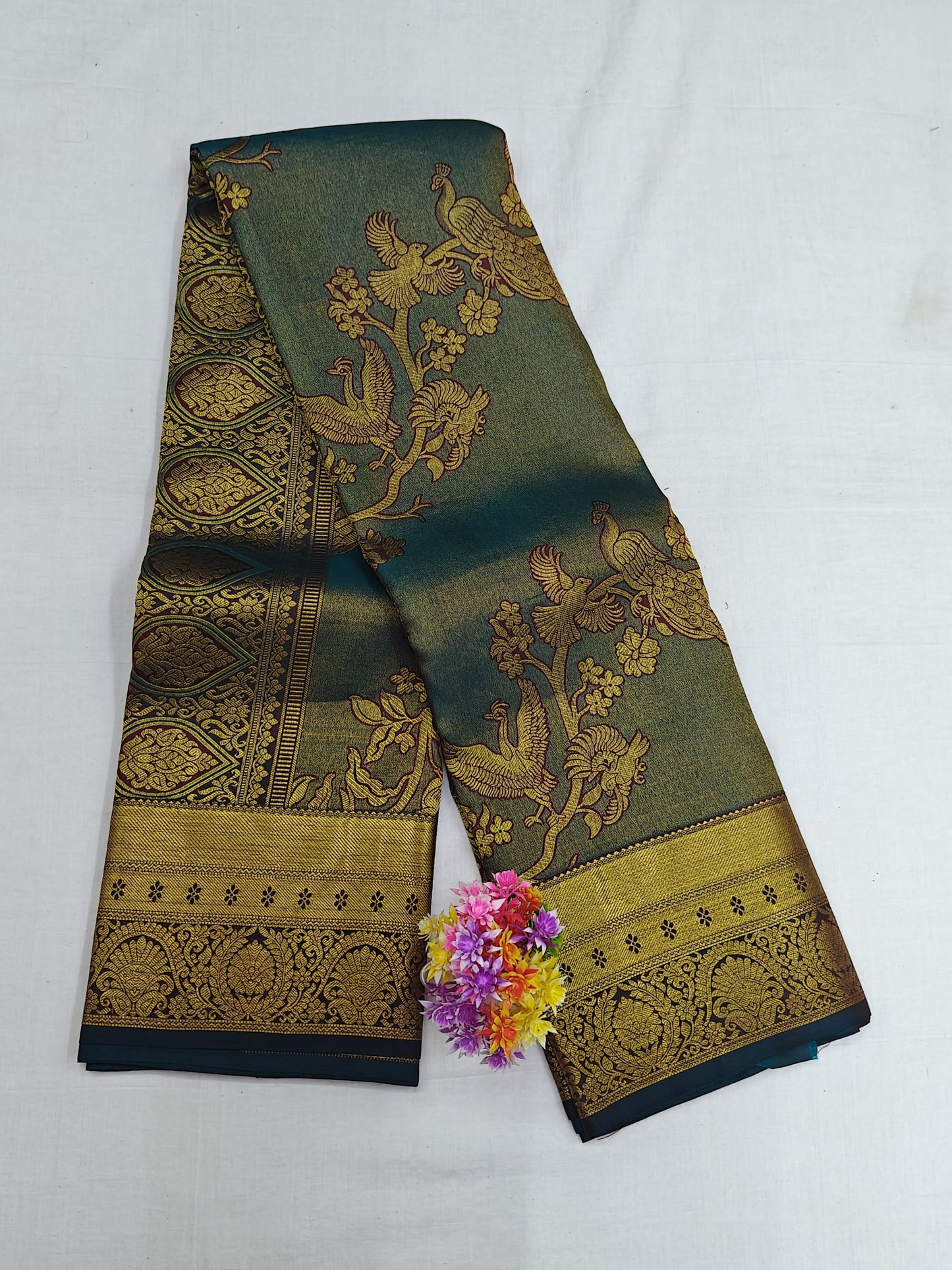 Peacock Blue Bridal Silk Saree with Gold Border