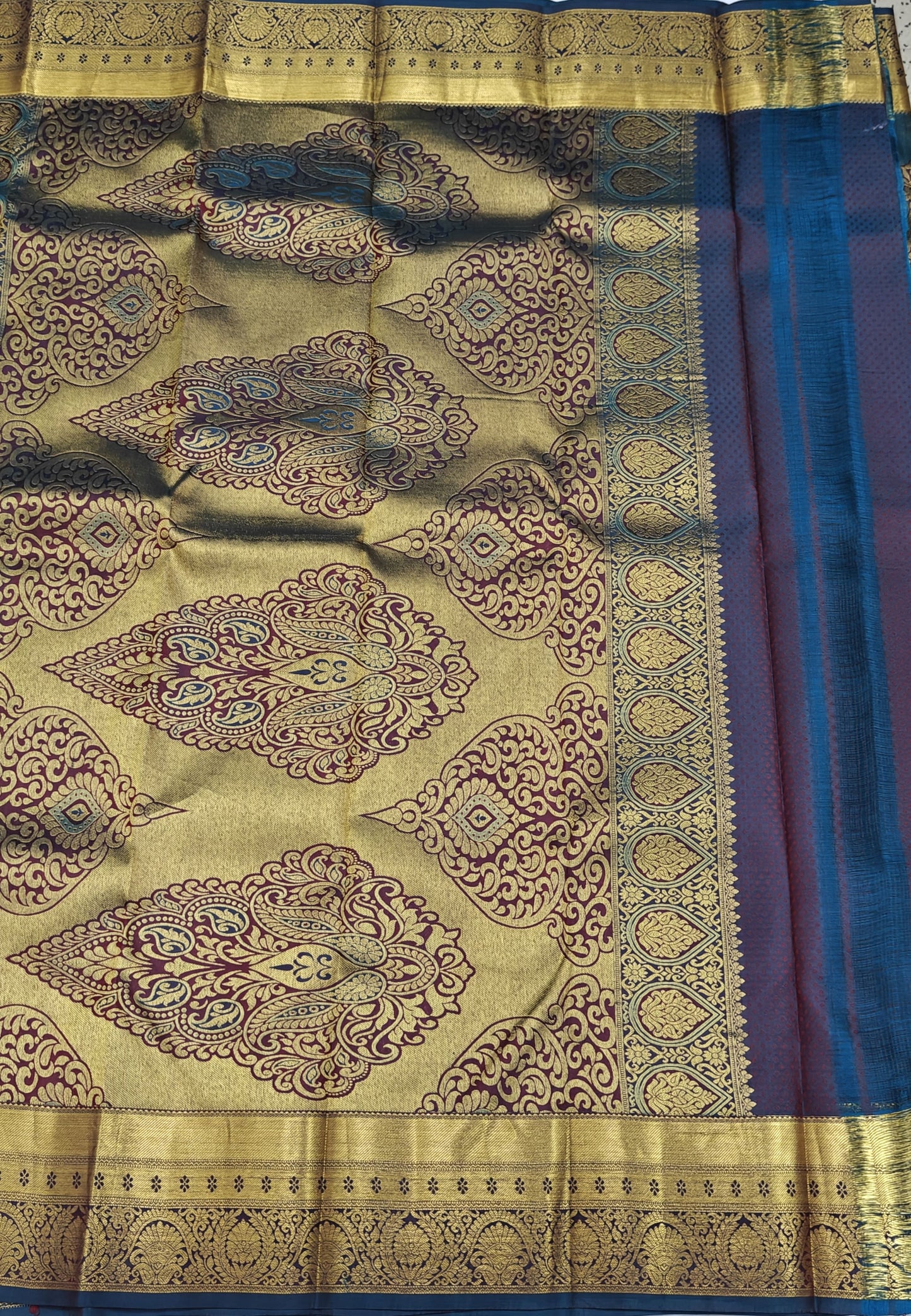 Peacock Blue Bridal Silk Saree with Gold Border