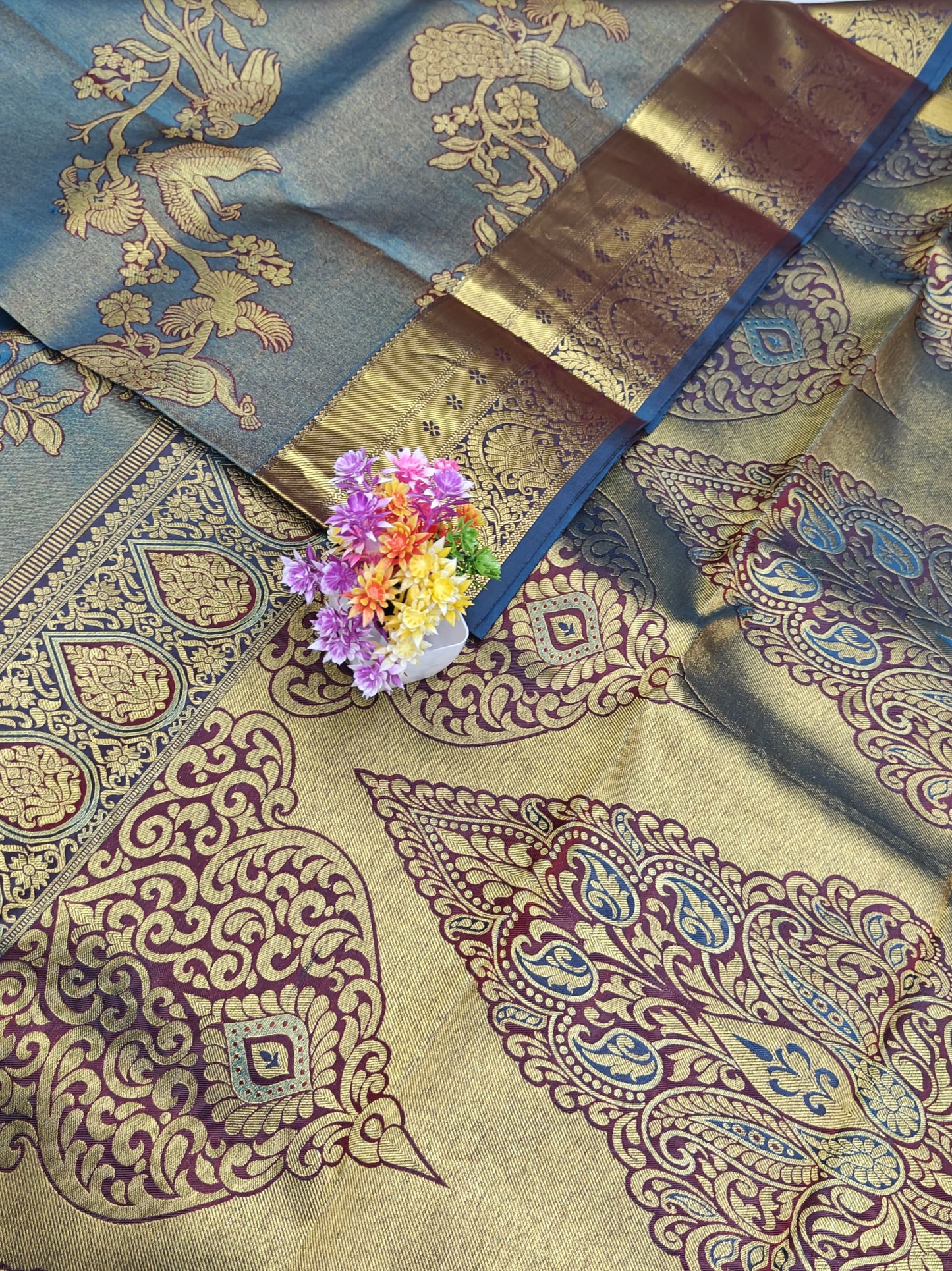 Peacock Blue Bridal Silk Saree with Gold Border