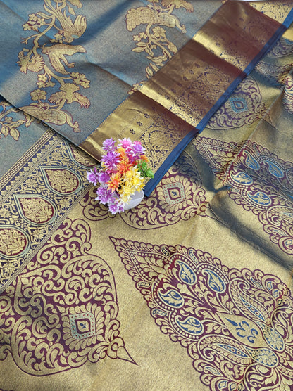 Peacock Blue Bridal Silk Saree with Gold Border