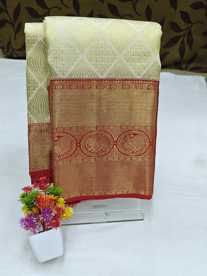 Off-white Korvai Silk Saree with Red Border