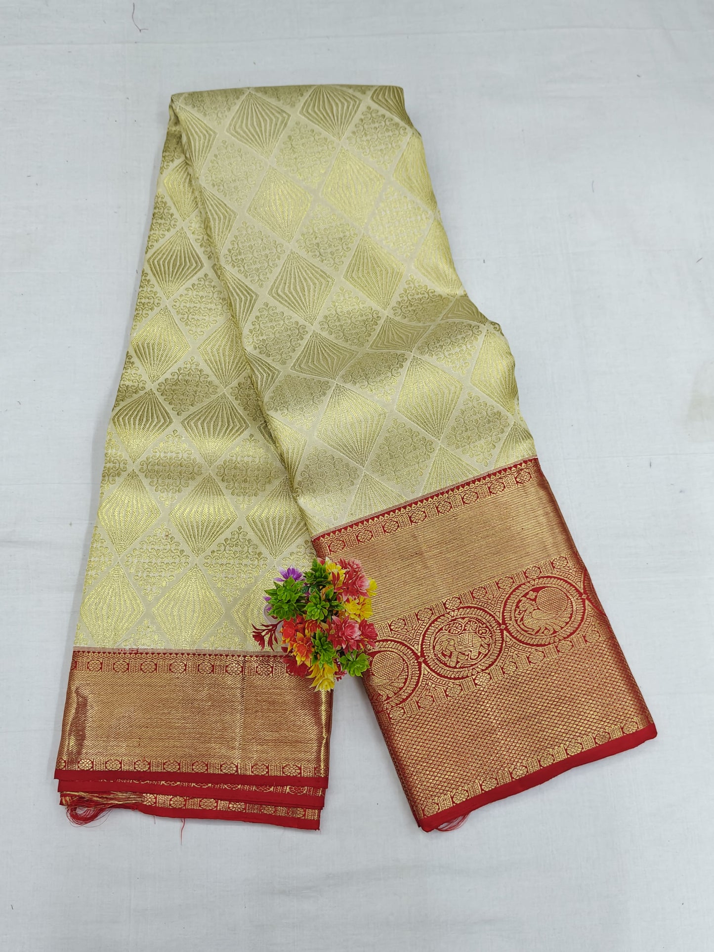 Off-white Korvai Silk Saree with Red Border