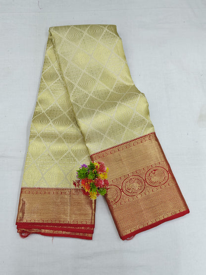 Off-white Korvai Silk Saree with Red Border
