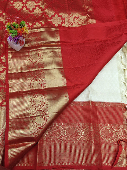 Off-white Korvai Silk Saree with Red Border