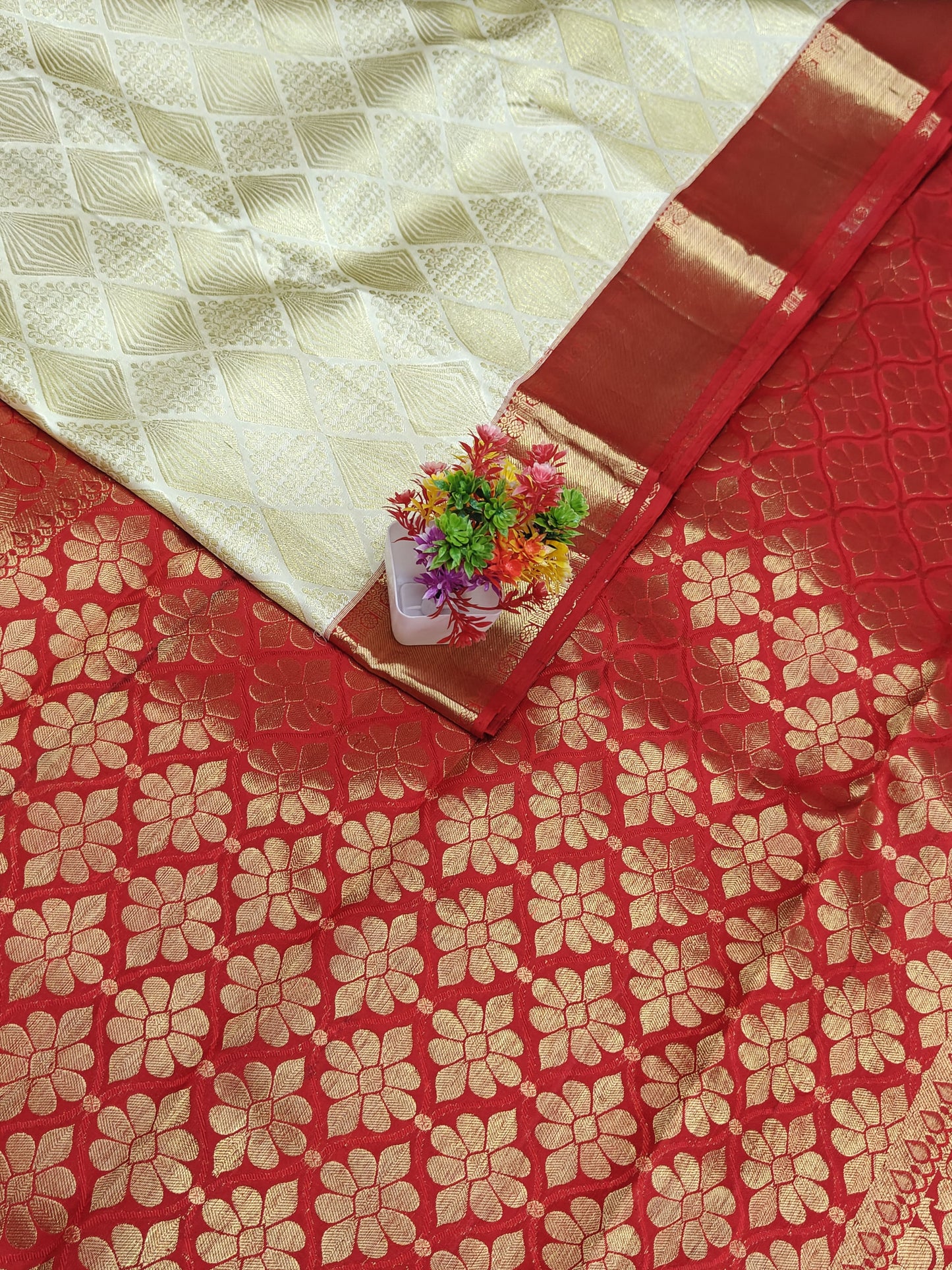 Off-white Korvai Silk Saree with Red Border