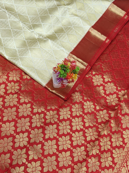 Off-white Korvai Silk Saree with Red Border