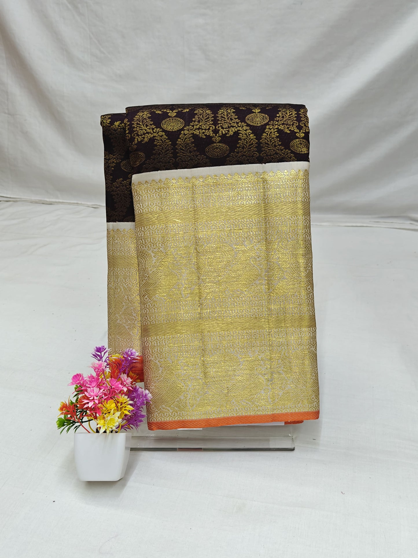 Coffee Brown Korvai Silk Saree with White Border