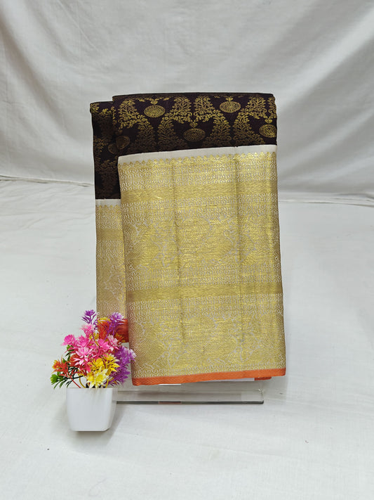 Coffee Brown Korvai Silk Saree with White Border