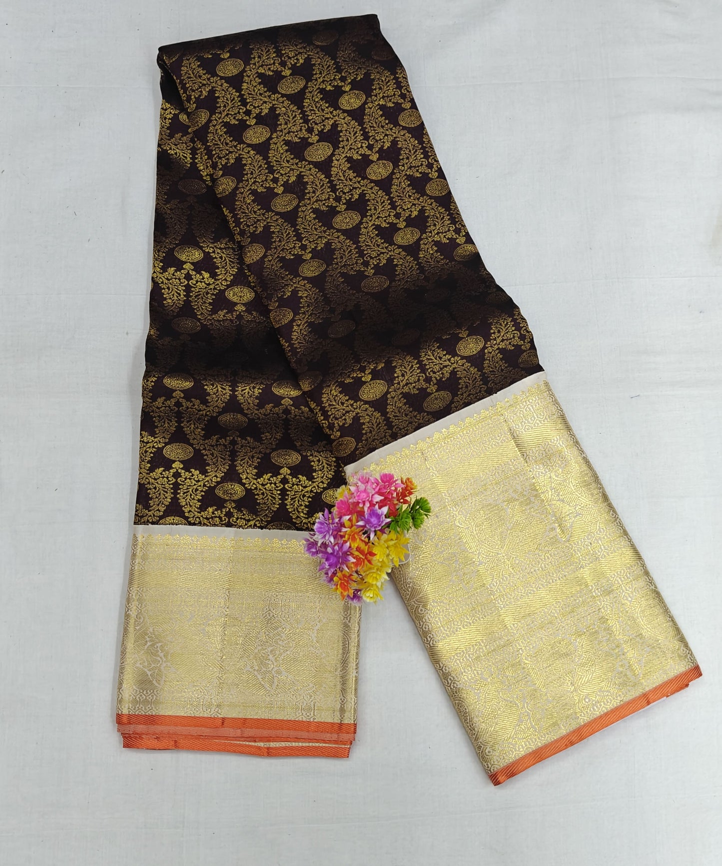 Coffee Brown Korvai Silk Saree with White Border