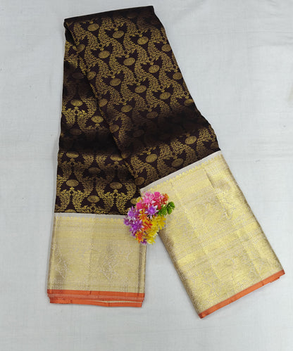 Coffee Brown Korvai Silk Saree with White Border