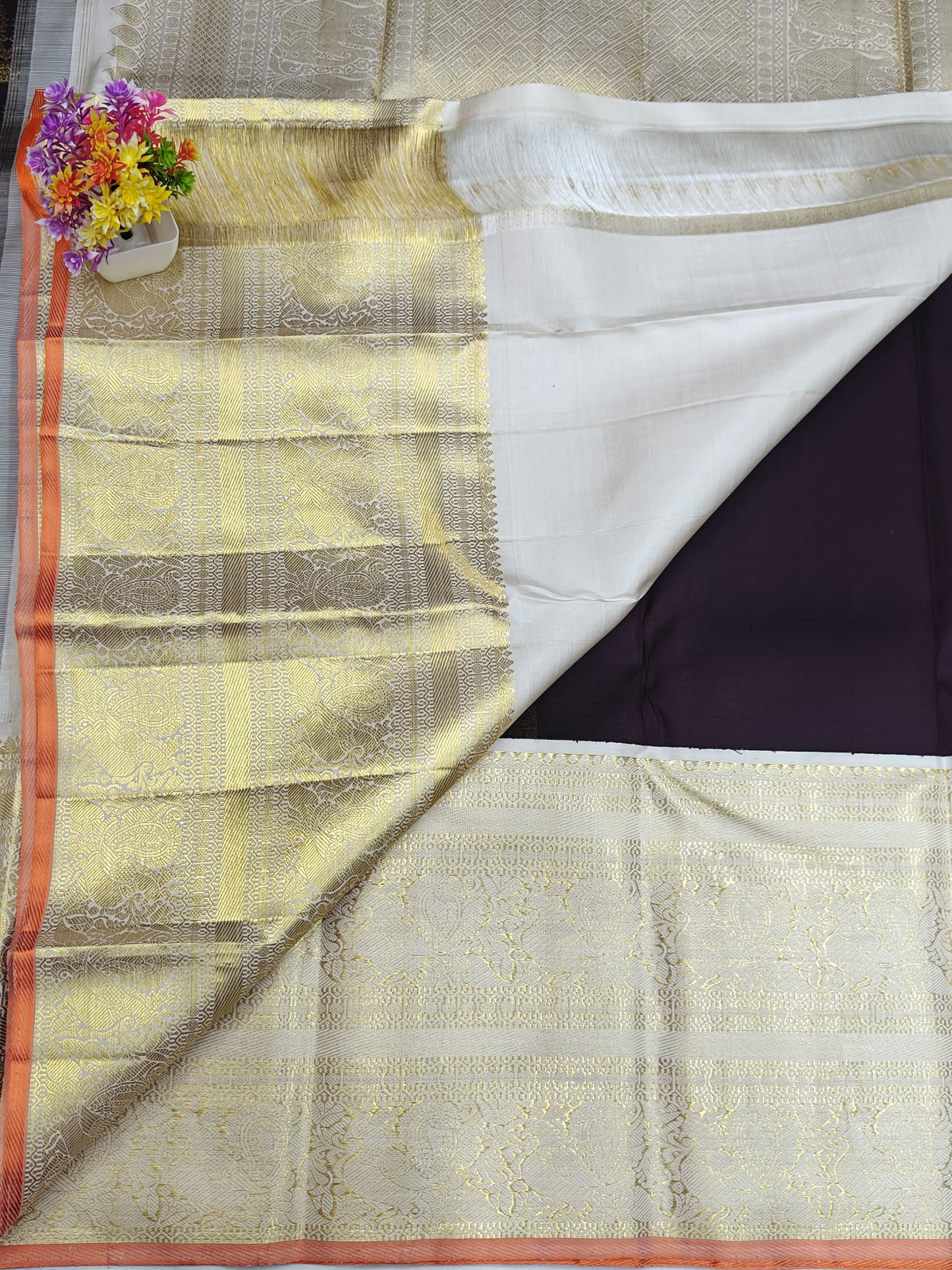 Coffee Brown Korvai Silk Saree with White Border