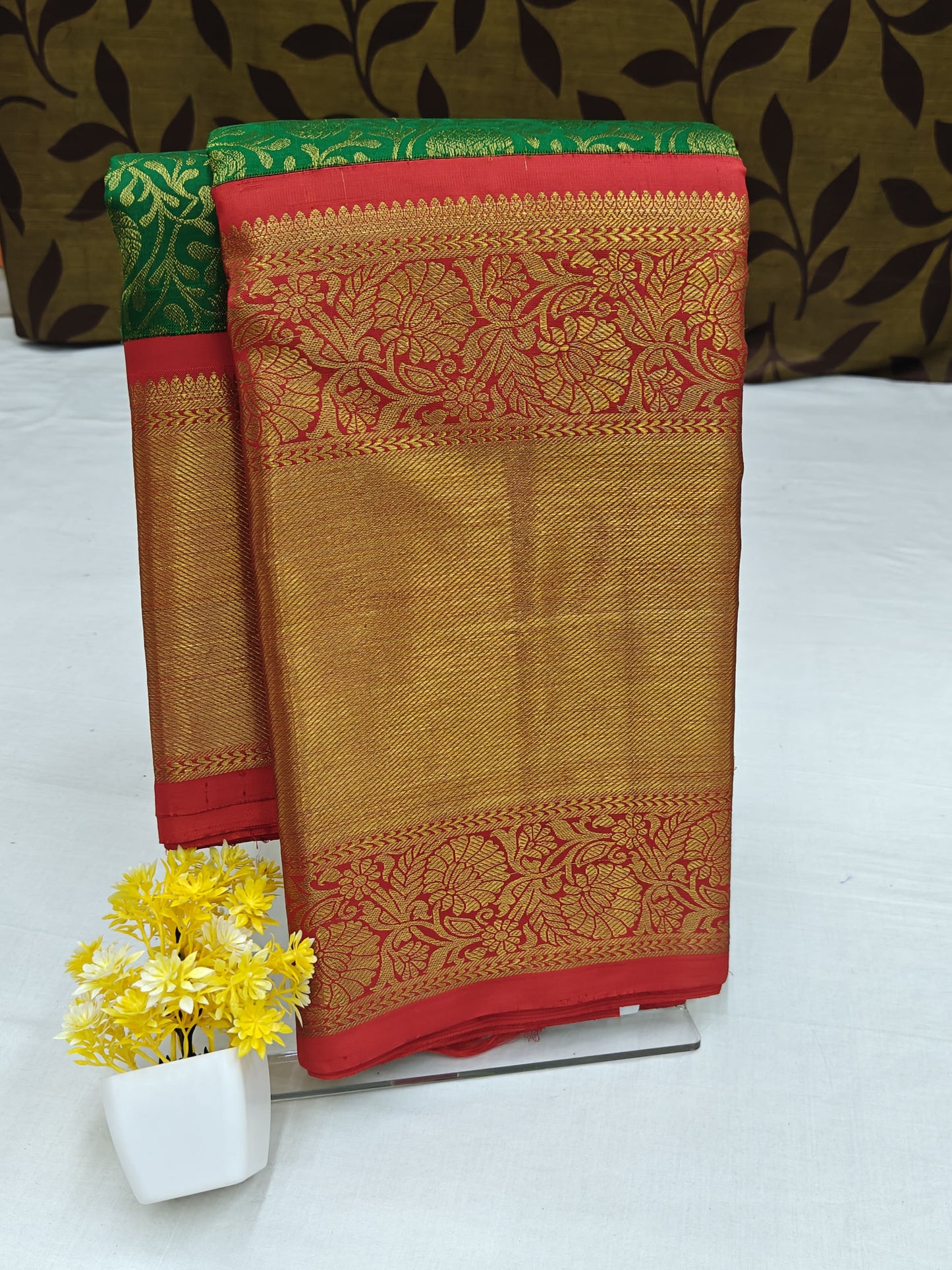 Dark Green Korvai Silk Saree with Red Border