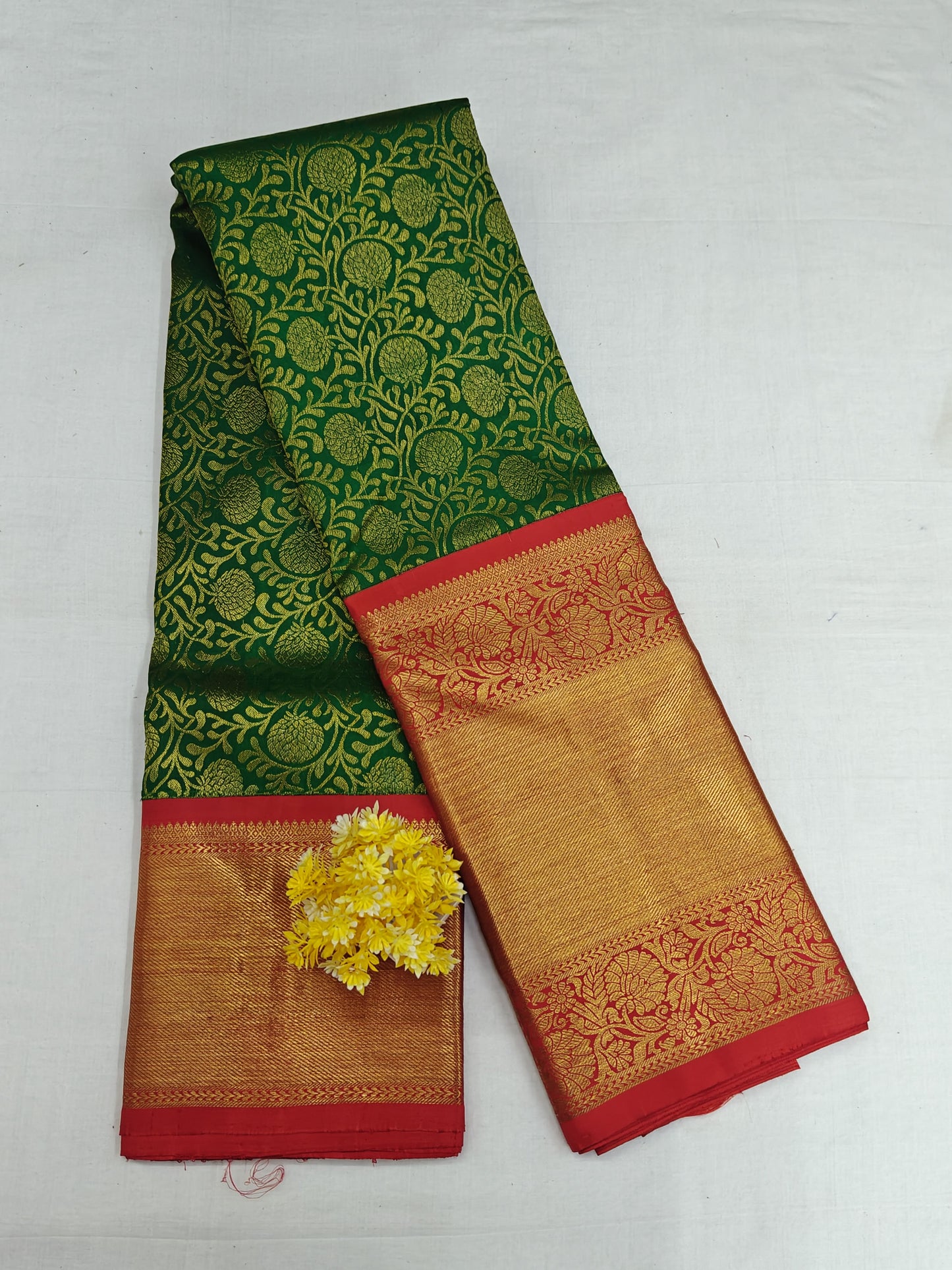 Dark Green Korvai Silk Saree with Red Border