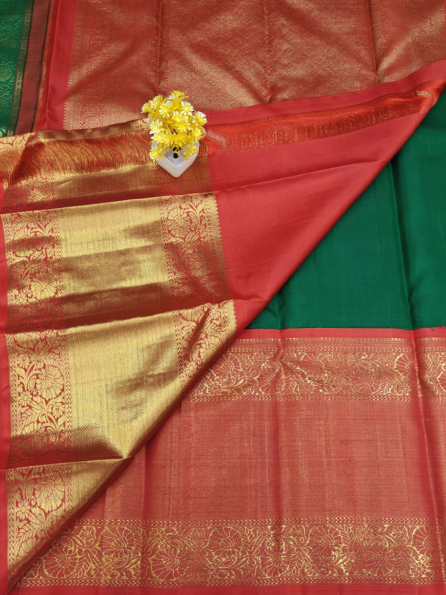 Dark Green Korvai Silk Saree with Red Border