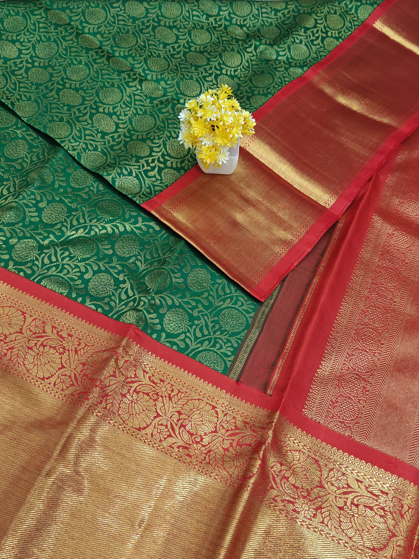 Dark Green Korvai Silk Saree with Red Border