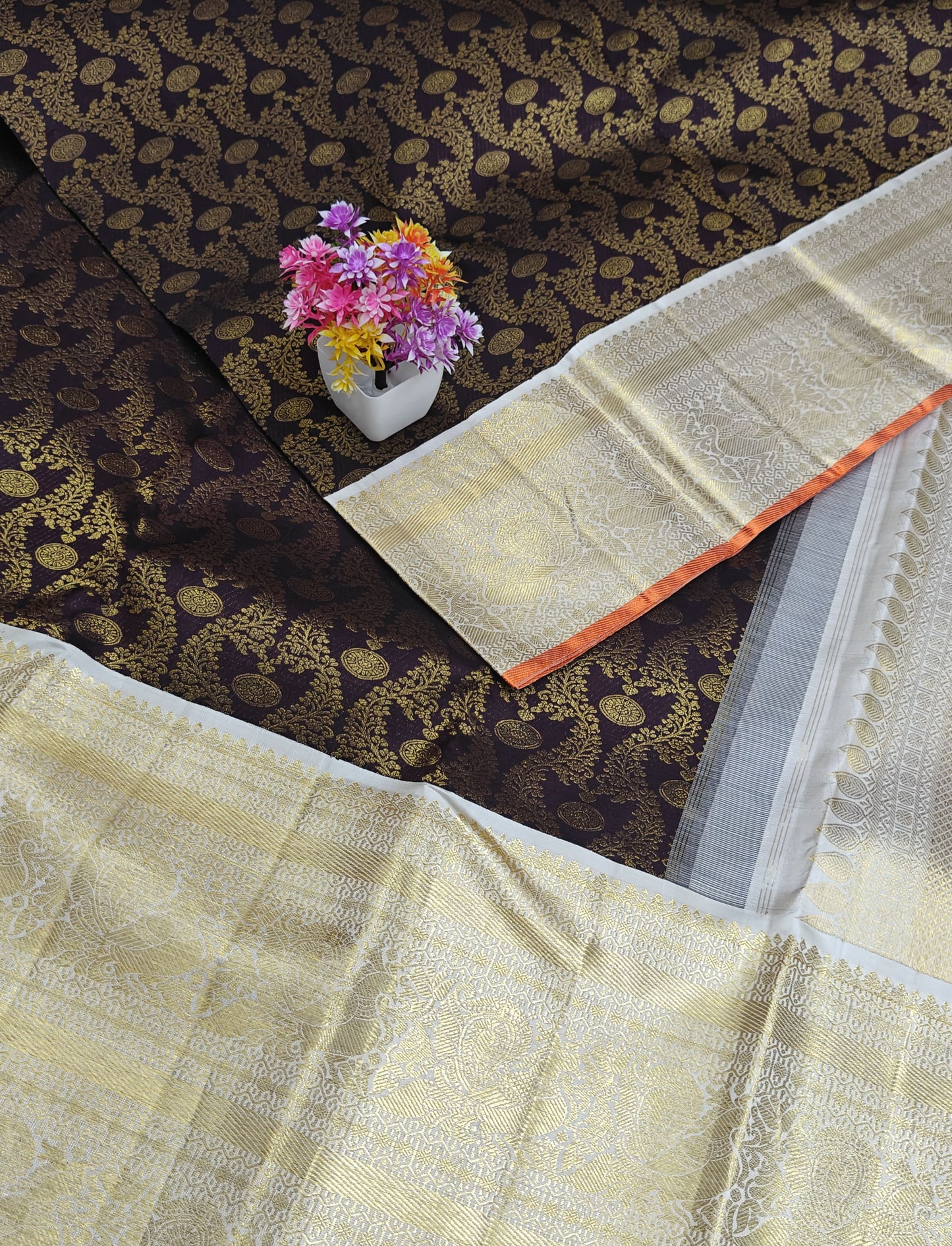 Coffee Brown Korvai Silk Saree with White Border