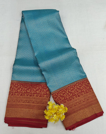 Sky Blue Bridal Silk Saree with Red Border